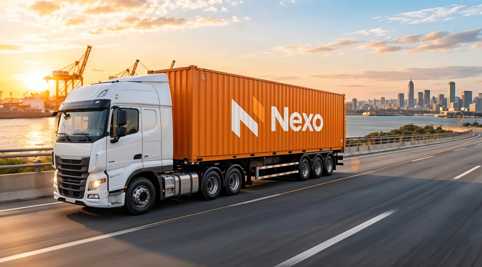 Caminhão NEXO transportando um contêiner junto ao porto