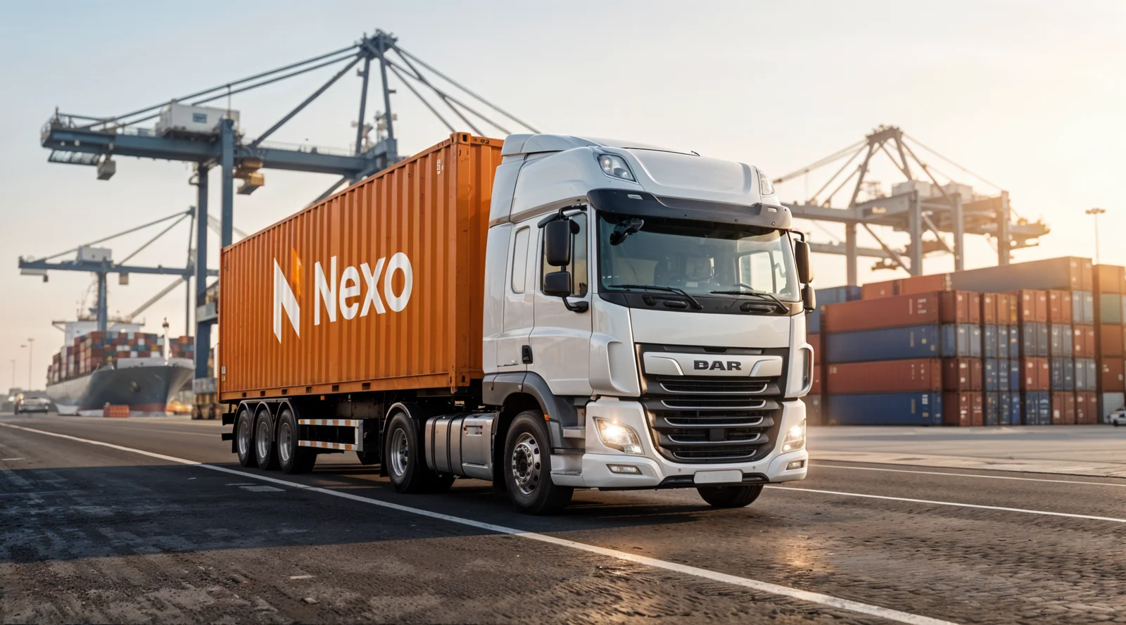 Caminhão com contêiner NEXO pronto para sair do terminal